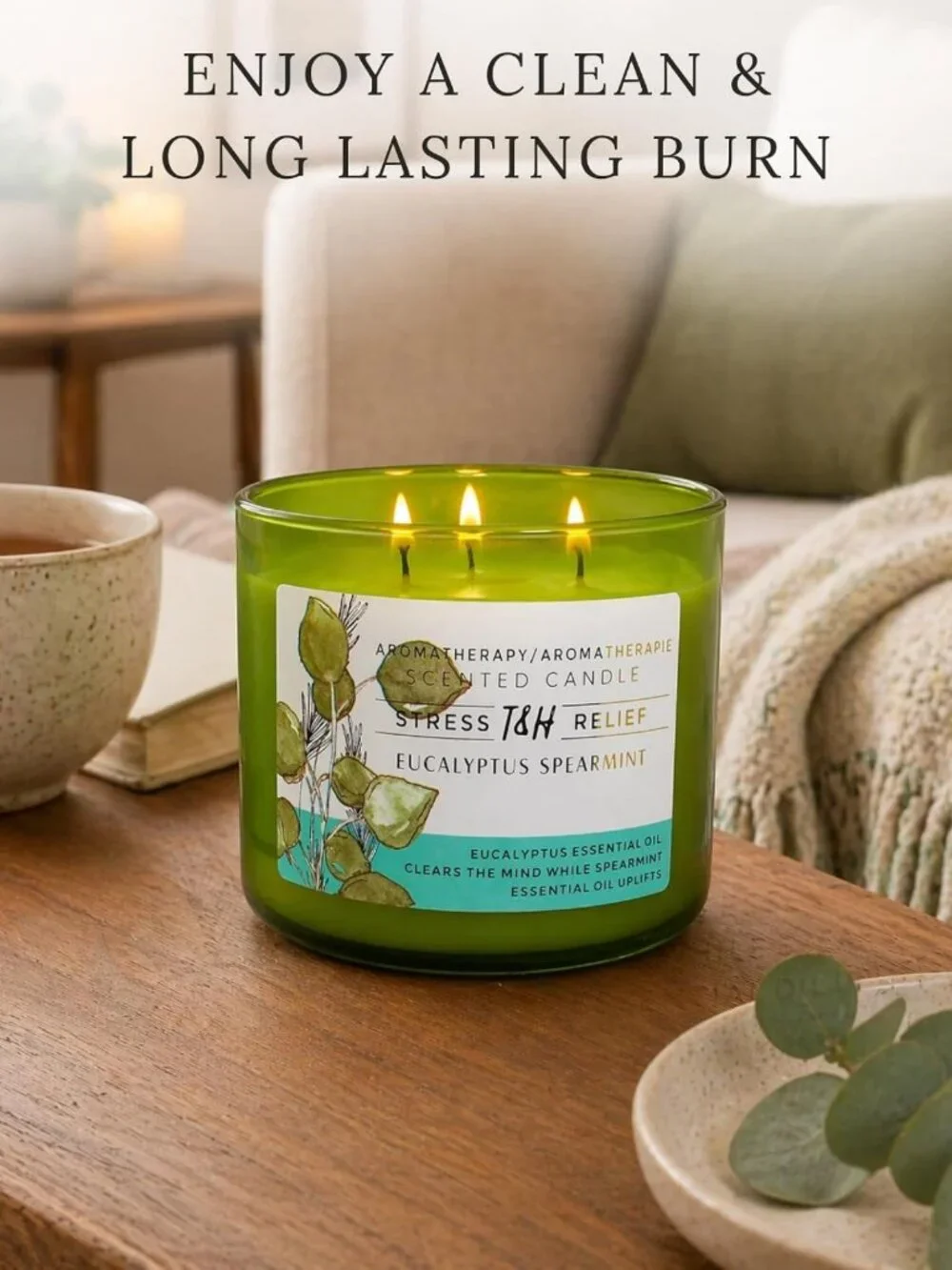 Large Eucalyptus Spearmint Soy Candle | 3 Wick Aromatherapy | Relaxation Gift